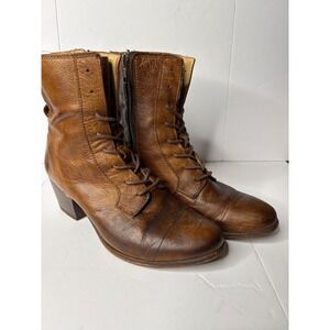 Frye Melissa Lace Up Cognac Brown Leather Cap Toe Block Heel Boot 71065 Sz 7.5 B